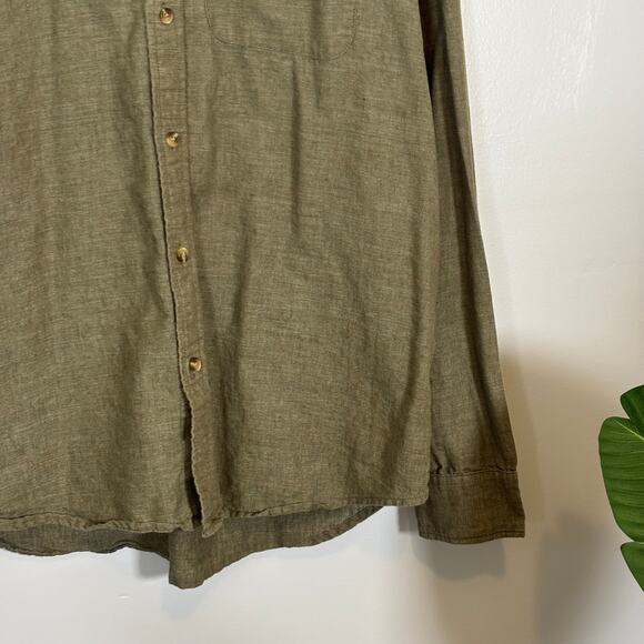 Olive Linen Blend Long Sleeve Button Shirt Relaxed Fit Top | Soft Autumn - Picture 5 of 8